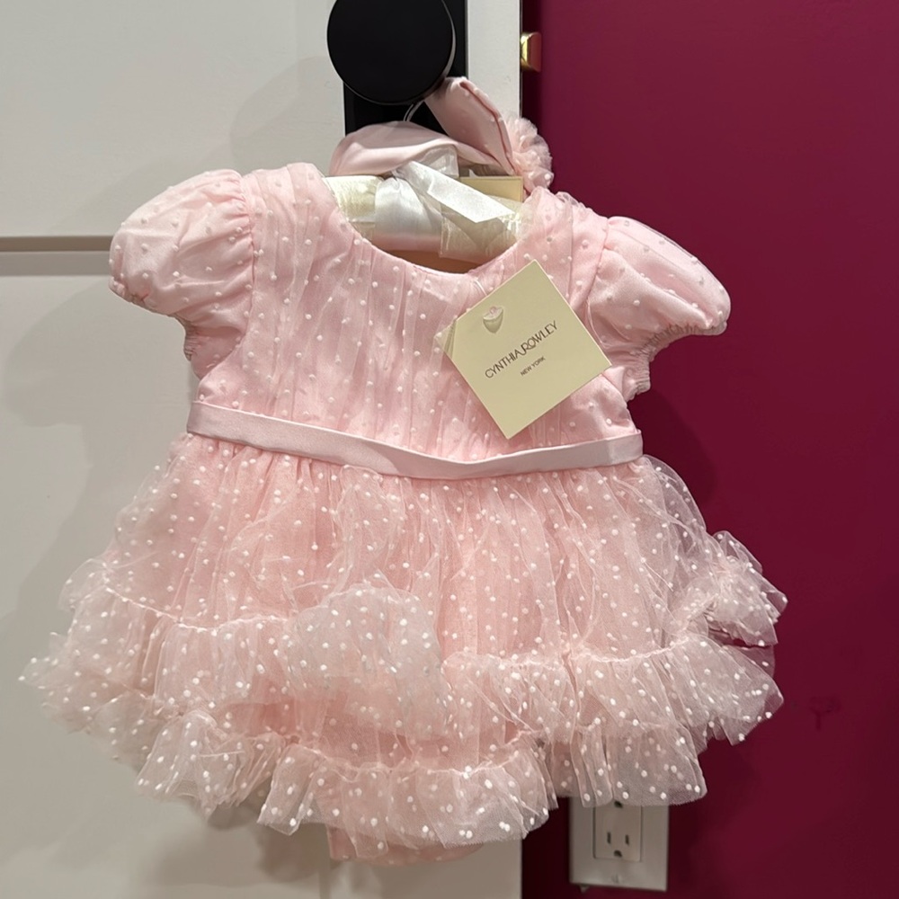 Cynthia Rowley fancy pink baby outfit with headband and tights. 3-6 months. NWT.